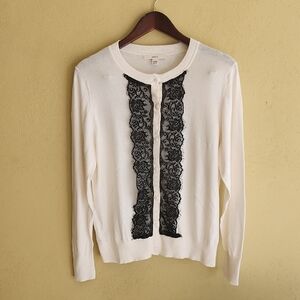 Merona White Cardigan with Black Lace Accent